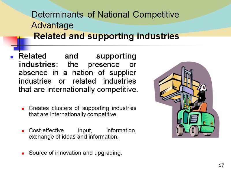 17 Determinants of National Competitive Advantage  Related and supporting industries Related and supporting